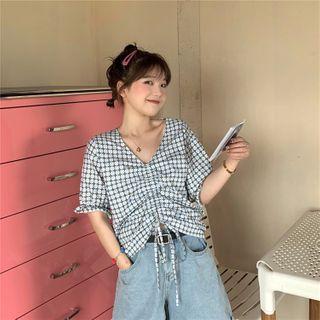 Drawstring Short-sleeve Plaid T-shirt As Shown In Figure - One Size
