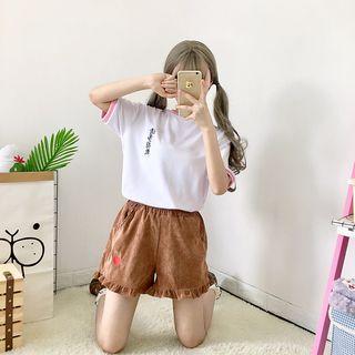 Letter Embroidered Short-sleeve T-shirt / Heart Embroidered Shorts