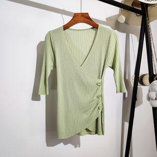 Short-sleeve V-neck Slit Side Button Knit