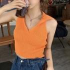 Sleeveless Collared Knit Top Orange - One Size