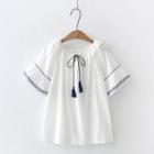 Embroidered Tassel Blouse White - One Size
