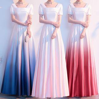 Square-neck Short-sleeve A-line Evening Dress