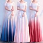 Square-neck Short-sleeve A-line Evening Dress