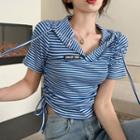 Short-sleeve Hooded Striped Drawstring T-shirt