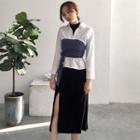 Long-sleeve Mock-neck T-shirt / Tie-waist Shirt / Slit A-line Skirt