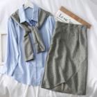 Set: Insert-shawl Plain Shirt + Asymmetric Pencil Skirt