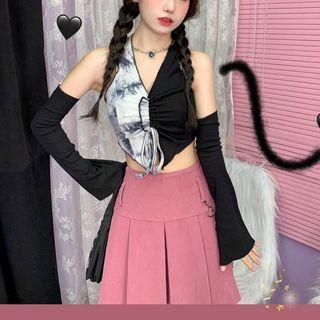 Two-tone Drawstring Cropped Halter Top