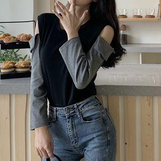 Long-sleeve Cold-shoulder Two Tone Knit Top