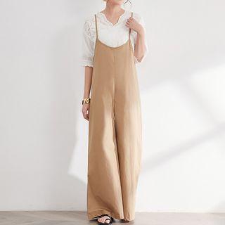 Spaghetti-strap Plain Wide-leg Jumper Pants Green - One Size