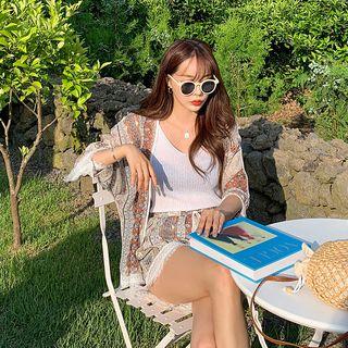Set: Crochet-trim Paisley Robe Cardigan + Tasseled Shorts