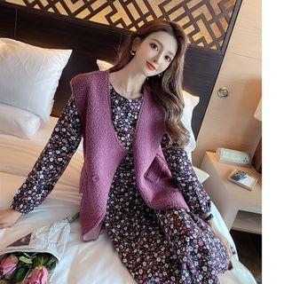 Puff-sleeve Floral Print A-line Dress / Double-breasted Vest