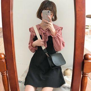 Set: Plain Long-sleeve Blouse + Plain Slipdress