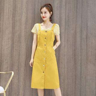 Set: Striped Short-sleeve T-shirt + Pocket Detail Pinafore Dress