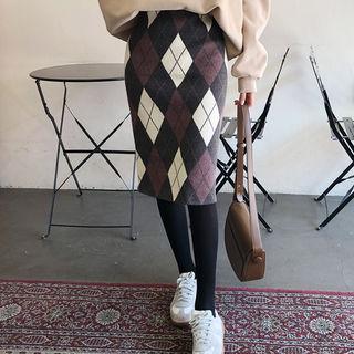 Argyle Patterned Knit Skirt Gray - One Size