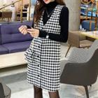 Set: Buttoned Gingham Vest Dress + Turtleneck Top + Mini Chain Bag