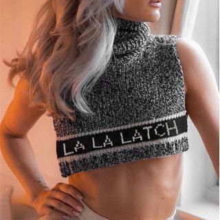 Mock Neck Knitted Lettering Crop Knit Tank Top