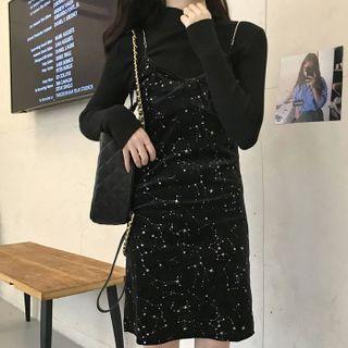 Mock-neck Knit Top / Spaghetti Strap Glittered Mini Dress