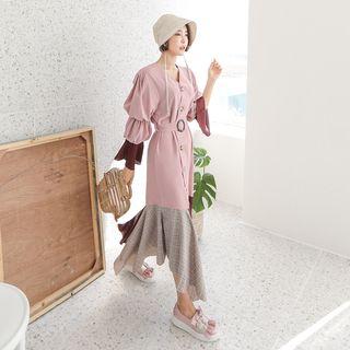 Puff-sleeve Color-block Shirtdress