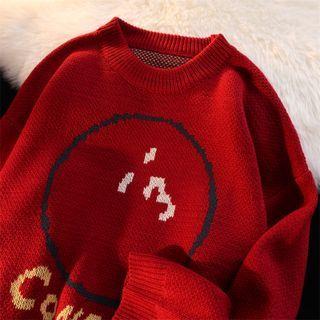 Long-sleeve Cartoon Print Knit Sweater Red - One Size