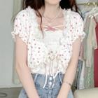 Short-sleeve Strawberry Print Cropped Blouse / Bow Detail Camisole Top
