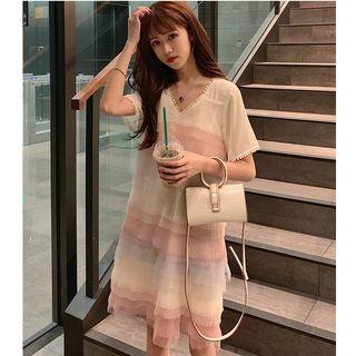 Short-sleeve Tiered Mesh Dress