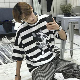 Dog Print Striped Elbow Sleeve T-shirt