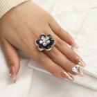 Flower Rhinestone Alloy Open Ring Dark Blue & Silver - One Size