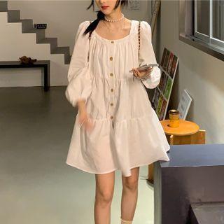 Square-neck Ruffle Trim Puff-sleeve Dress