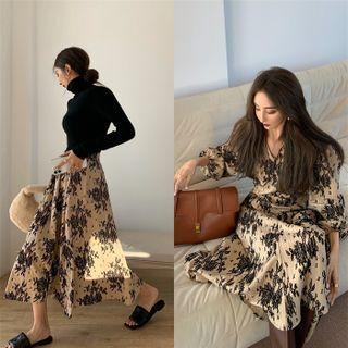 Long-sleeve V-neck Flower Print Dress / Flower Print A-line Midi Skirt (various Designs)