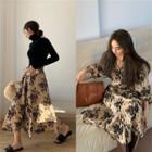 Long-sleeve V-neck Flower Print Dress / Flower Print A-line Midi Skirt (various Designs)