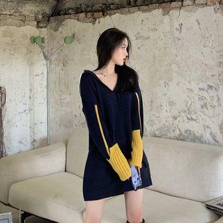 V-neck Shawl Collar Paneled Sweater Dark Blue - One Size