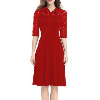 Lace Panel Elbow-sleeve A-line Midi Dress
