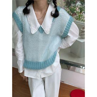 Puff-sleeve Plain Shirt / Knit Vest