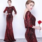 3/4-sleeve Sequined Evening Gown