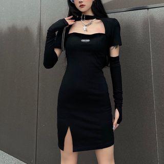 Set: Short-sleeve Lettering Mini Sheath Dress + Fingerless Gloves