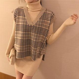 Turtleneck Long-sleeve Knitted Mini Dress / Plaid Vest