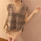 Turtleneck Long-sleeve Knitted Mini Dress / Plaid Vest