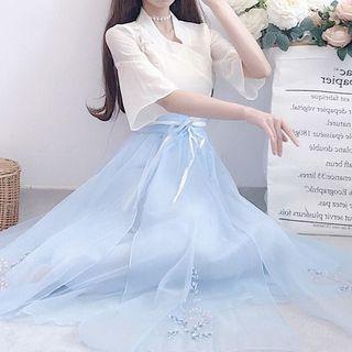 Embroidered Elbow-sleeve Top / High Waist Midi A-line Skirt