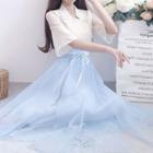 Embroidered Elbow-sleeve Top / High Waist Midi A-line Skirt