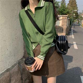 Collar Striped Zip-up Cardigan