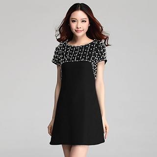 Short-sleeve Beaded A-line Dress