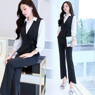 Set: Long Sleeve Plain Shirt + V-neck Striped Wrapped Vest + Dress Pants
