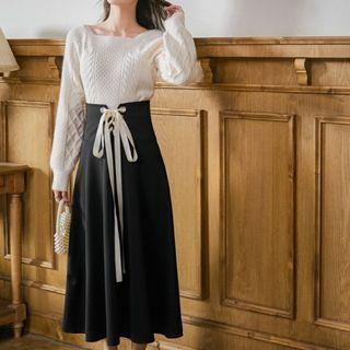 Set: Cable Knit Sweater + Lace-up Maxi A-line Skirt