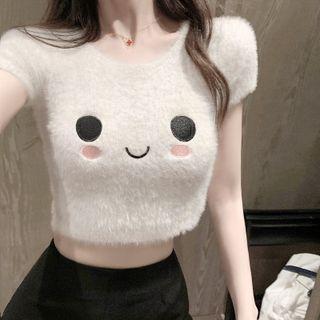 Smiley Face Embroidered Short-sleeve Knit Top