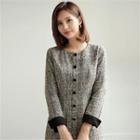 Round-neck Slit-cuff Buttoned Tweed Dress