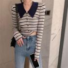 Long-sleeve Collared Striped Crop Top