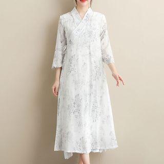 Printed 3/4-sleeve Midi Dress White - One Size