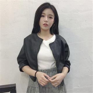 3/4-sleeve Faux Leather Zip Jacket