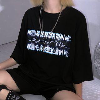 3/4-sleeve Letter T-shirt Black - One Size