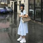 Plain Short-sleeve A-line Midi Dress Blue - One Size